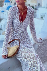 Sexy Solid Color Lace Up See-Through Slit V Neck Long Sleeve Dresses